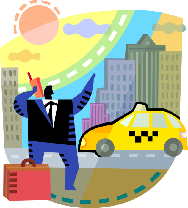 Vector Illustration of Businessman Commuter Hails Uber Taxicab Taxi or Cab Vehicle for Hire Automobile Motor Car with Mobile Phone