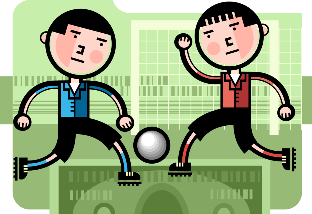 Vector Illustration of Businessmen Competitive Soccer Football Players Kick Ball on Financial Pitch Field During Game