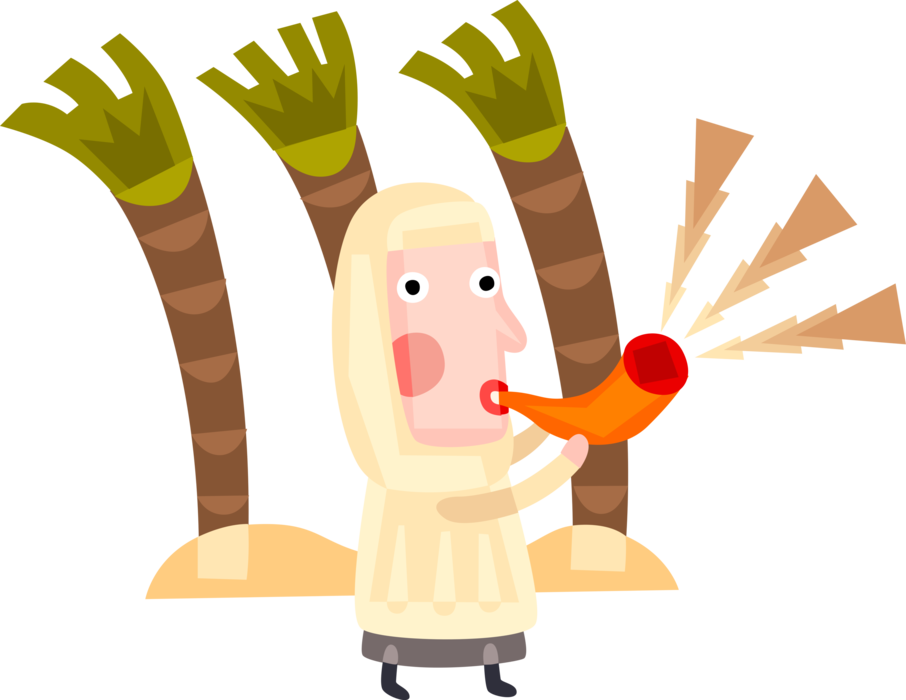 Vector Illustration of Hebrew Rabbi Blows Shofar Ram's Horn on Yom Kippur Day of Atonement and Repentance in Judaism