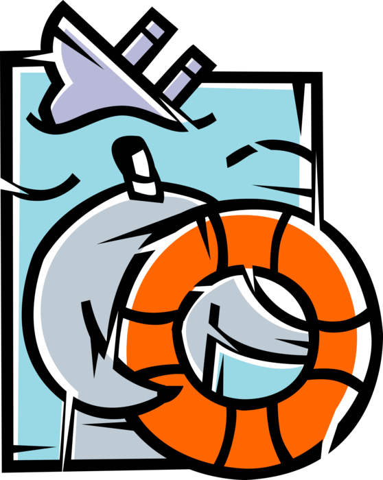 Vector Illustration of Businessman Survives Sinking Ship Disaster with Life Ring Preserver Personal Flotation Device