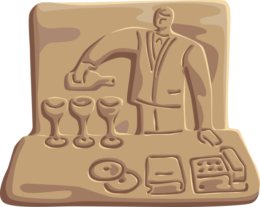 Vector Illustration of Barroom Bartender Waiter Serves Alcohol Beverages in Wine Glasses