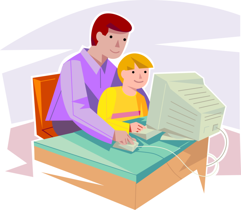 Vector Illustration of Father and Son Browse Online Internet Together on Family Personal Computer