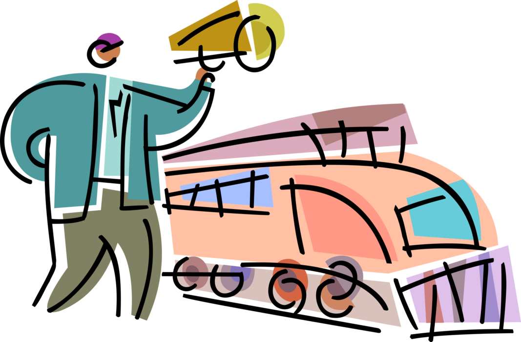 Vector Illustration of Railway Train Station Conductor Announces Arrivals with Megaphone Bullhorn to Amplify Voice
