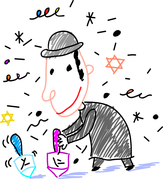 Vector Illustration of Hebrew Boy Spins Jewish Holiday of Hanukkah Dreidel Spinning Top