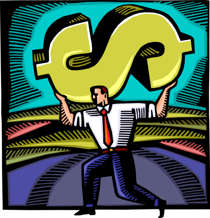 Vector Illustration of Strongman Businessman Carries Business Success Money Dollar Sign on Shoulders