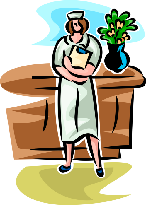 Vector Illustration of Health Care Nurse with Clipboard Portable Writing Surface at Hospital Nursing Station