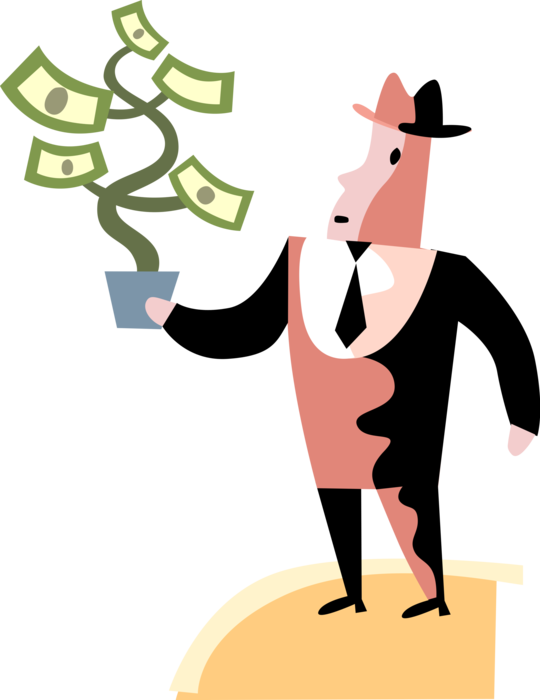 Vector Illustration of Businessman Nurtures Financial Growth with Money Tree Dollar Cash Potted Plant