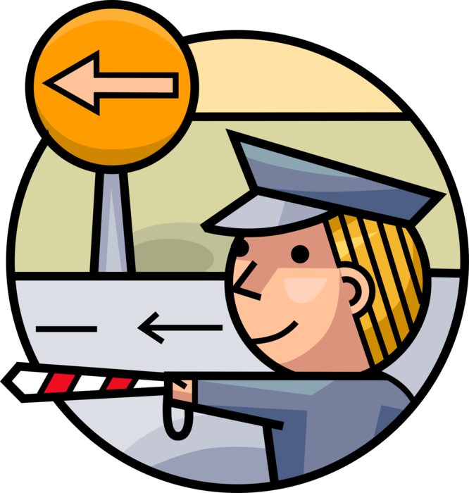 Vector Illustration of Law Enforcement Police Officer Traffic Cop Directs Flow of Motor Vehicle Automobiles in Street