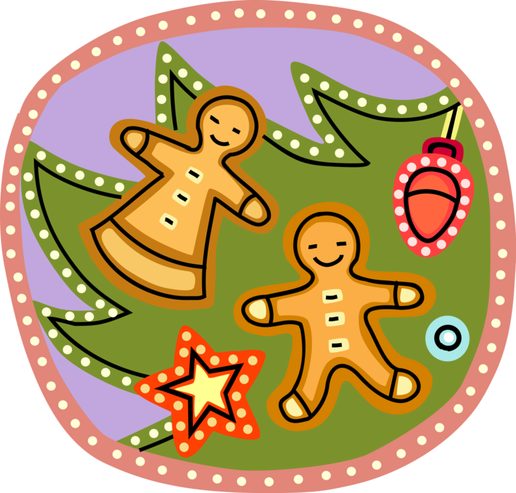 Vector Illustration of Holiday Season Christmas Baking Baked Gingerbread Man Cookie Snacks or Desserts with Tree Ornament Decorations
