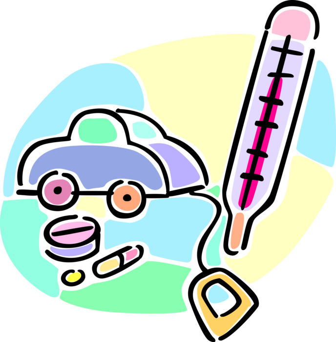 Vector Illustration of Medical Thermometer with Child's Toy Car and Medicine Pills