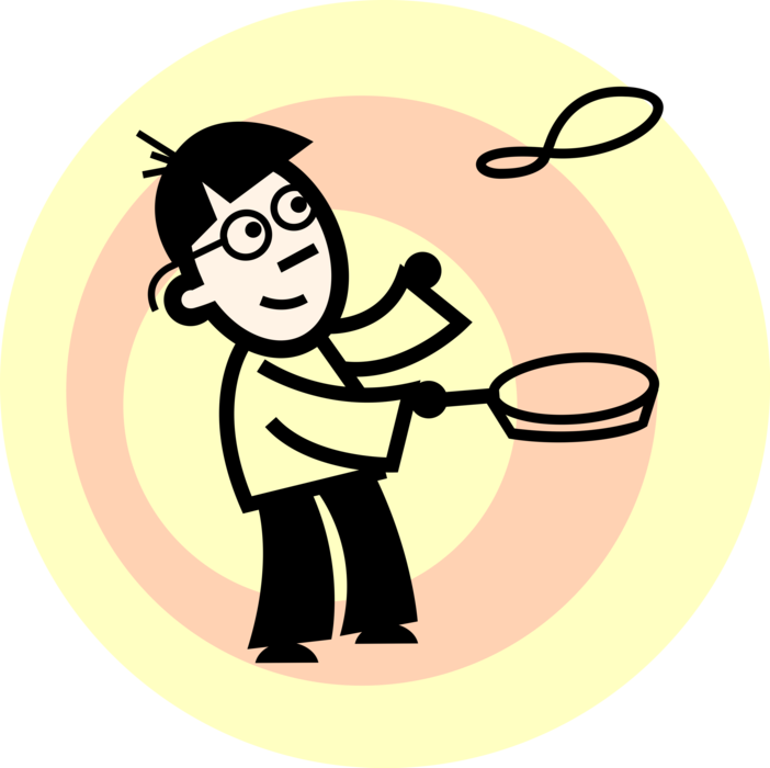 Vector Illustration of Culinary Cuisine Chef Flips Pancake Flapjack in Frying Pan