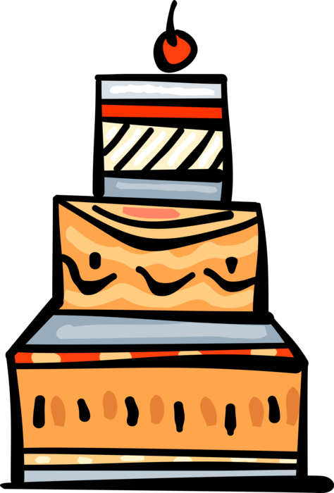 Vector Illustration of Sweet Dessert Baked Three-Tiered Pastry Cake with Cherry
