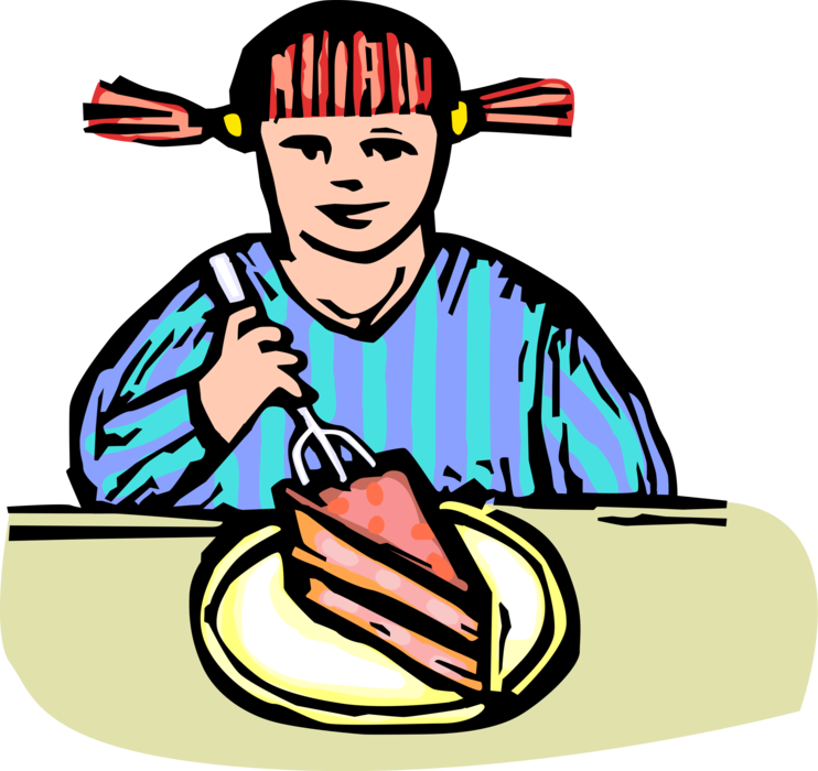 Vector Illustration of Child Eats Baked Dessert Cake on Plate with Fork