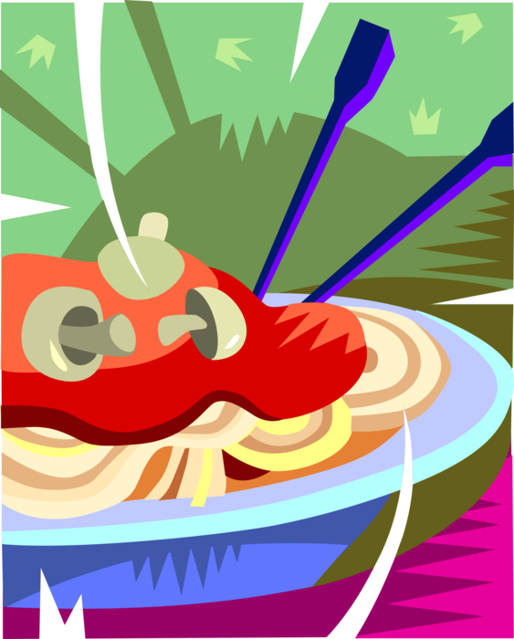 Vector Illustration of Bowl of Italian Pasta Spaghetti with Tomato Sauce and Mushrooms