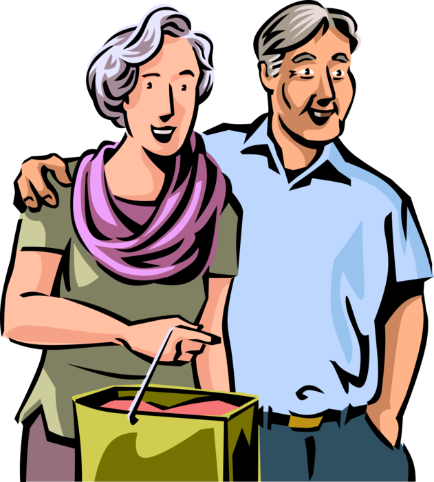 Vector Illustration of Retired Elderly Senior Citizen Couple on Retail Shopping Excursion in Mall