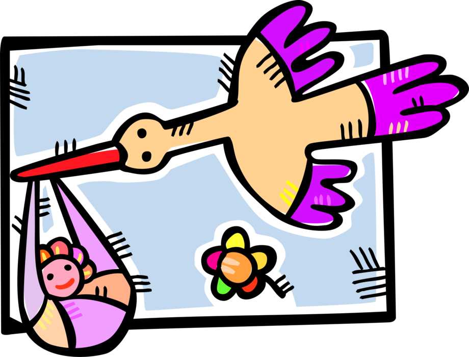 Vector Illustration of Stork Bird Delivers Newborn Infant Baby Girl