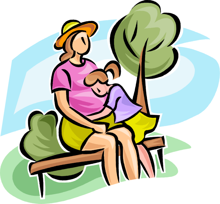 Vector Illustration of Pregnant Expectant Mother with Daughter Sit on Park Bench Outdoors