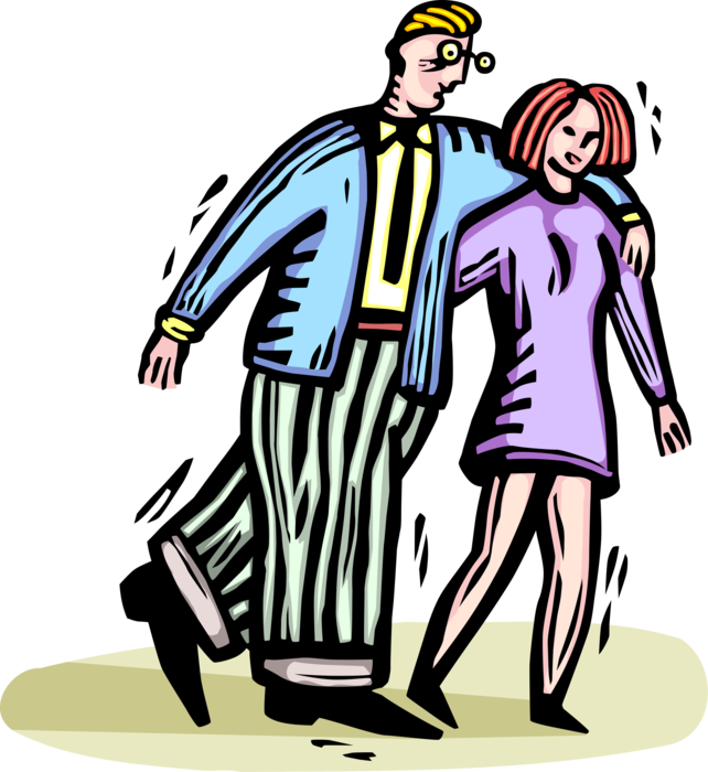 Vector Illustration of Romantic Dating Couple Walk Arm-in-Arm