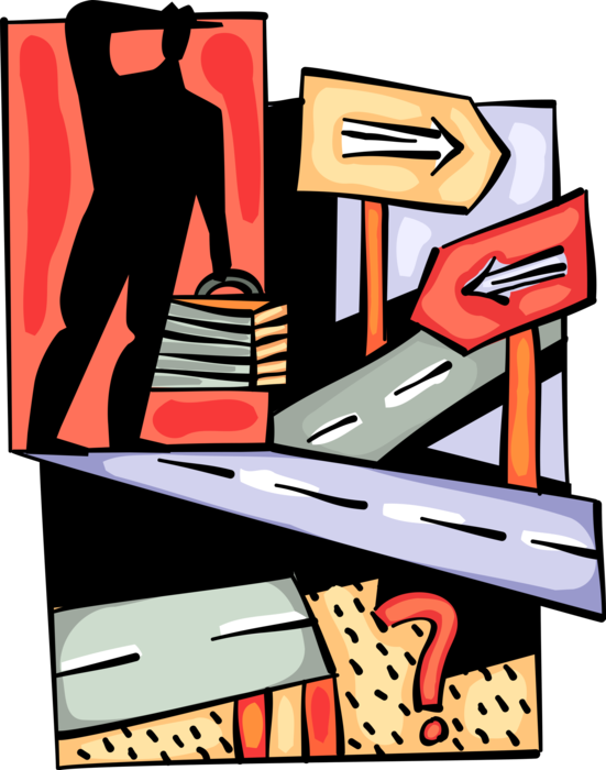 Vector Illustration of Businessman Faces Decisions and Options with Direction Arrow Highway Signs