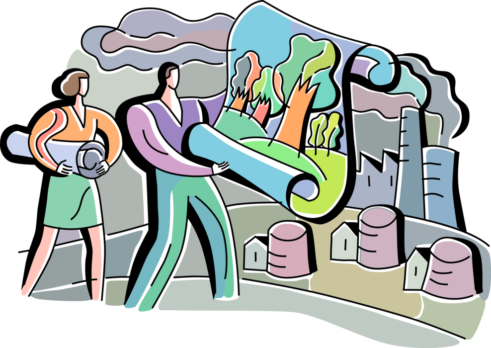 Vector Illustration of Environmentalist Ecologists Concerned with Impact of Industrial Manufacturing Factory on Environment