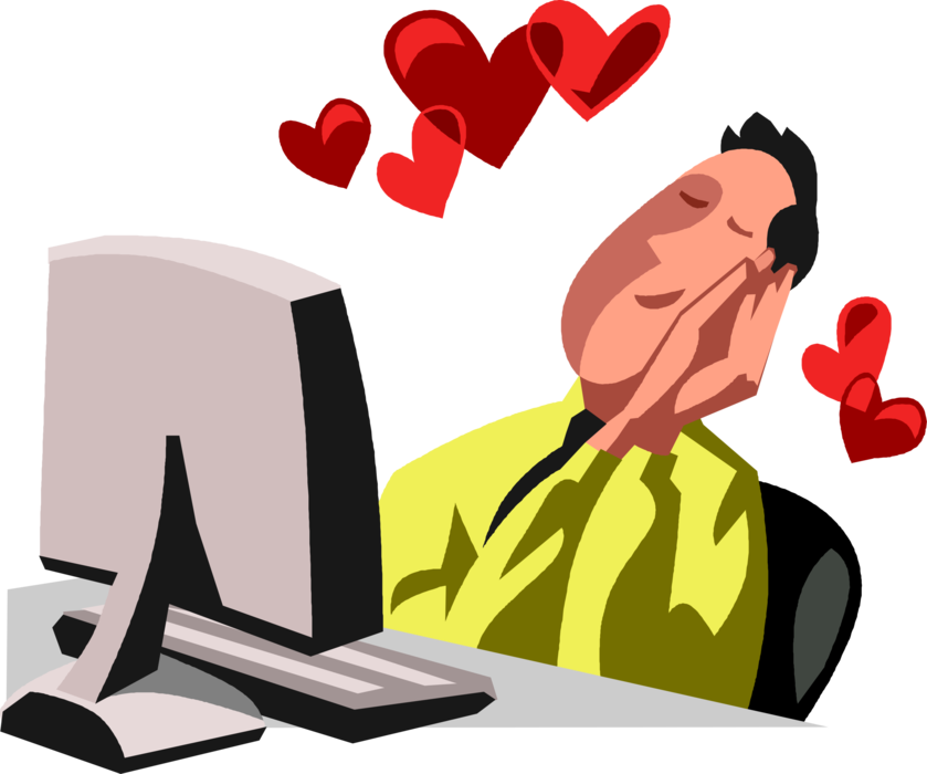 Vector Illustration of Businessman Wastes Time at Work with Online Dating Profiles and Falls in Love