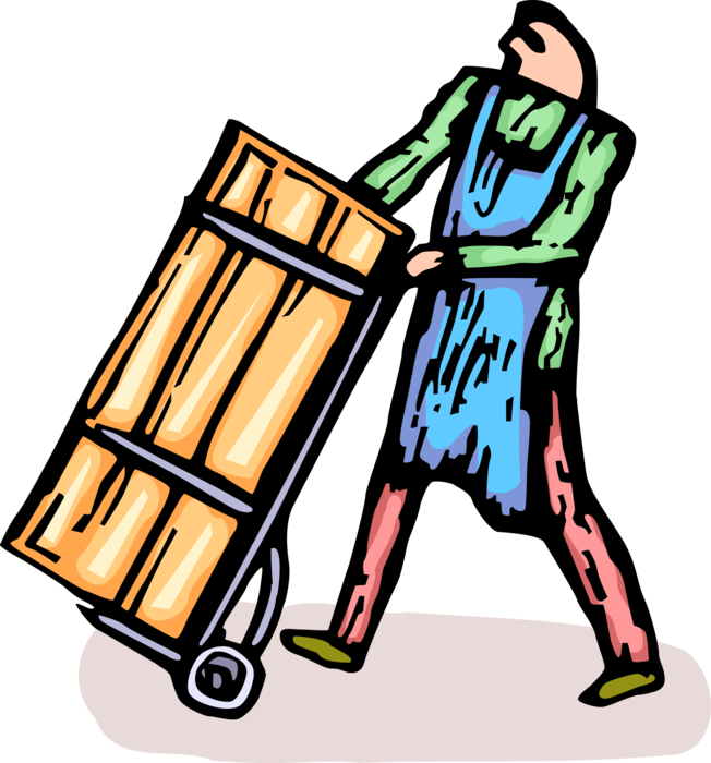 Vector Illustration of Warehouse Worker Moves Shipping Handcart Dolly with Shipment Case