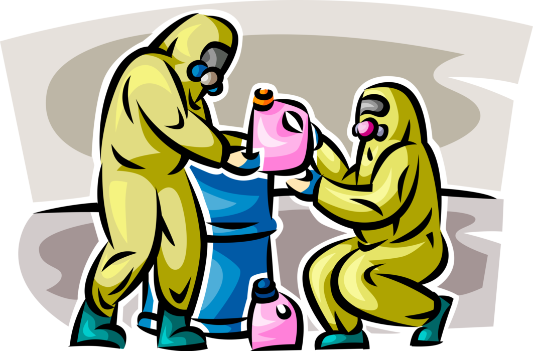 Vector Illustration of Homeland Security Personnel in Hazmat Suits Inspect Contaminated Facilities for Toxic Chemicals