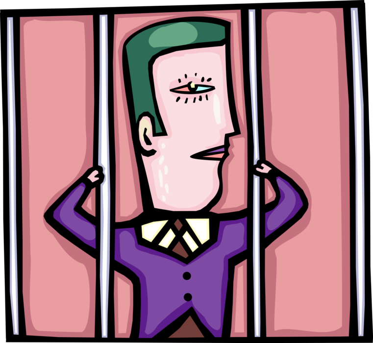 Vector Illustration of Failed Businessman Incarcerated in Prison Cell Behind Bars 