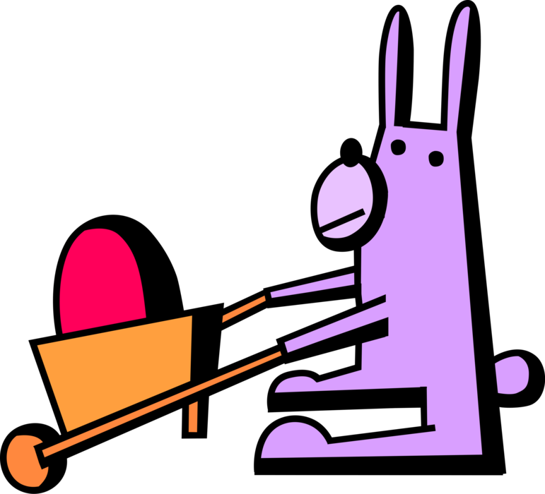 Vector Illustration of Easter Bunny Pushes Wheelbarrow with Easter Egg