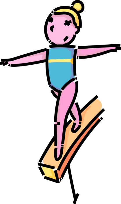Vector Illustration of Primary or Elementary School Student Gymnast Performs Routine on Balance Beam in Gymnastics Meet