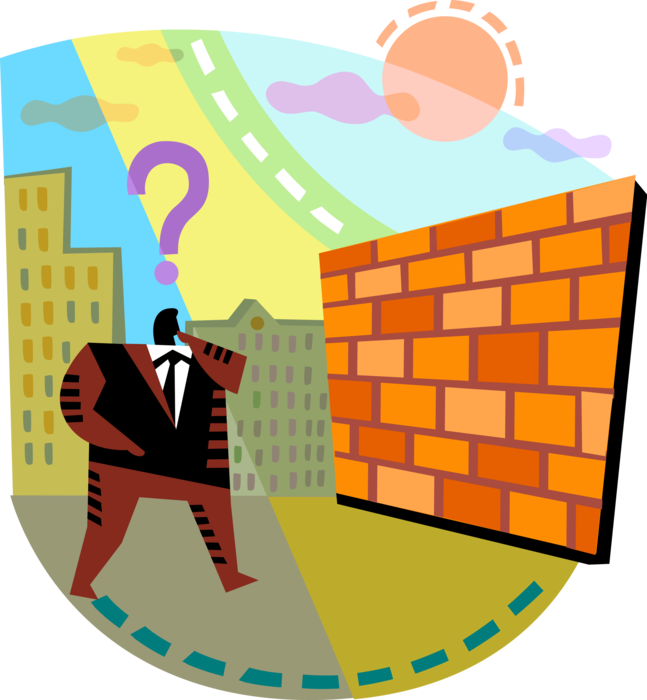 Vector Illustration of Businessman in Quandary of Uncertainty Faces Masonry Brick Wall Barrier Insurmountable Obstacle