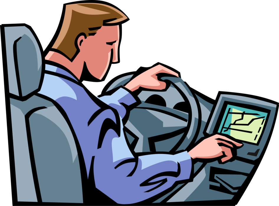 Vector Illustration of Businessman Drives Car Checks Mobile GPS Global Positioning System for Navigation Directions