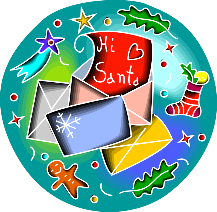 Vector Illustration of Children's Wish List Letters to Santa in Envelopes with Christmas Stocking, Candy Cane