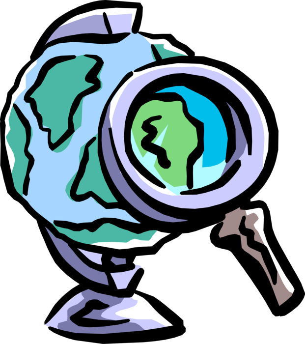 Vector Illustration of Close Examination of World Globe Under Magnification with Magnifying Glass