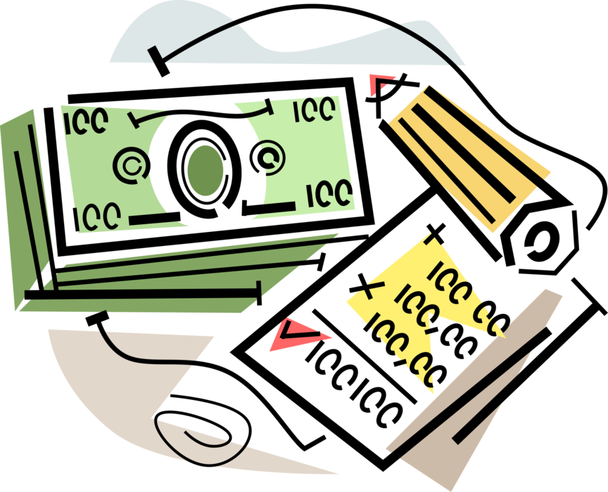 Vector Illustration of Balancing the Books with Financial Accounting Bookkeeping Cash Money Dollars, Pencil, Calculations