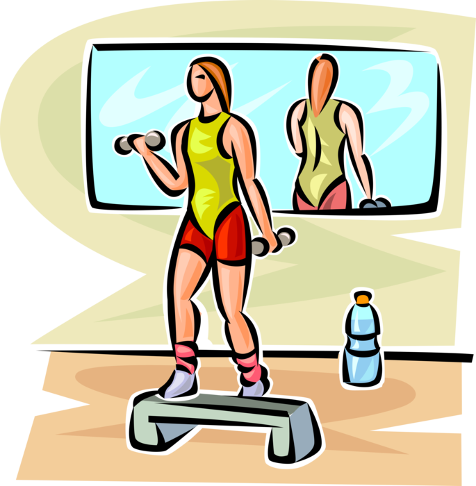 Vector Illustration of Aerobics Stretching Exercise and Physical Fitness Workout Lifting Weights