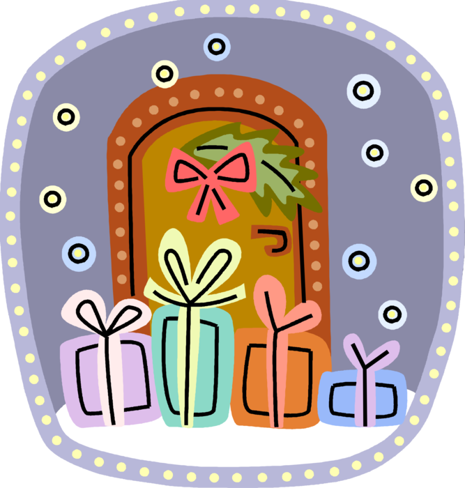 Vector Illustration of Gift Wrapped Christmas Presents with Ribbon Bows at Front Door Entrance
