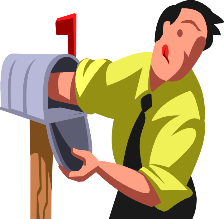 Vector Illustration of Businessman Checks for Incoming Mail Envelopes in Letter Box or Mailbox Receptacle