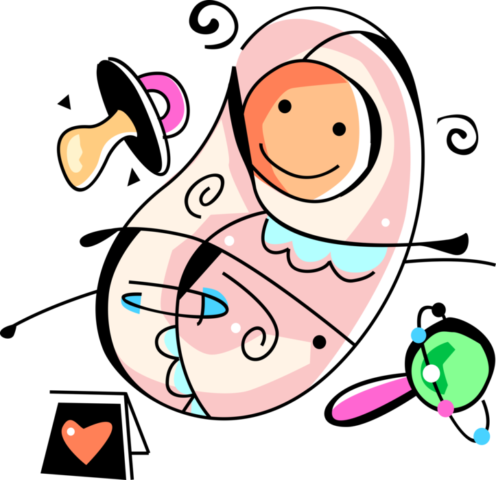 Vector Illustration of Newborn Infant Baby Wrapped in Swaddling Blanket with Pacifier Soother and Rattle