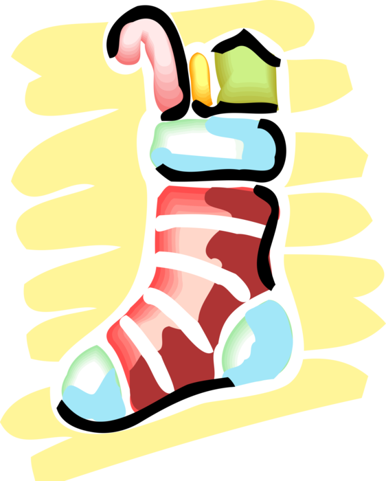 Vector Illustration of Festive Season Christmas Stocking with Gifts and Candy Cane