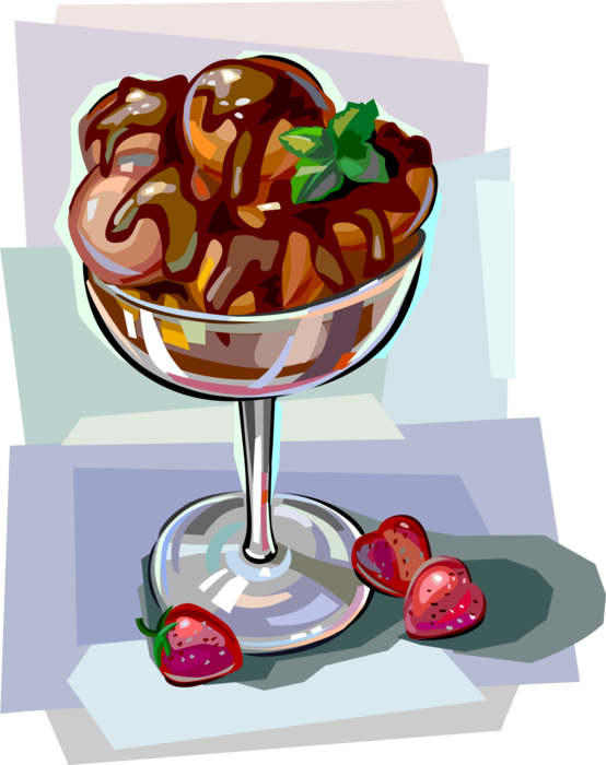 Vector Illustration of Danish Hit Fudge Sundae Dessert in Bowl with Strawberries