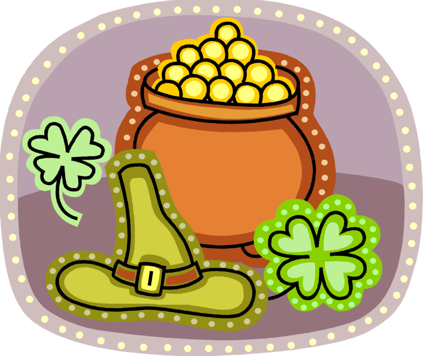 Vector Illustration of St Patrick's Day Pot of Gold with Lucky Four-Leaf Clover Shamrocks and Irish Leprechaun Hat