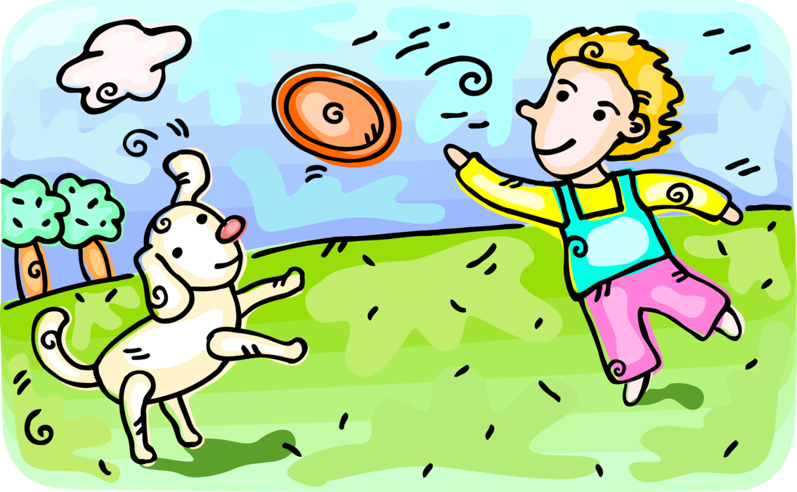 Vector Illustration of Boy Plays Frisbee Flying Disc Game Outdoors with Family Pet Dog