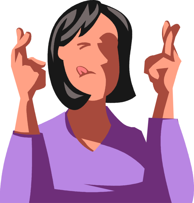 Vector Illustration of Businesswoman Crosses Fingers in Hand Gesture Wishing for Good Luck and Positive Outcome