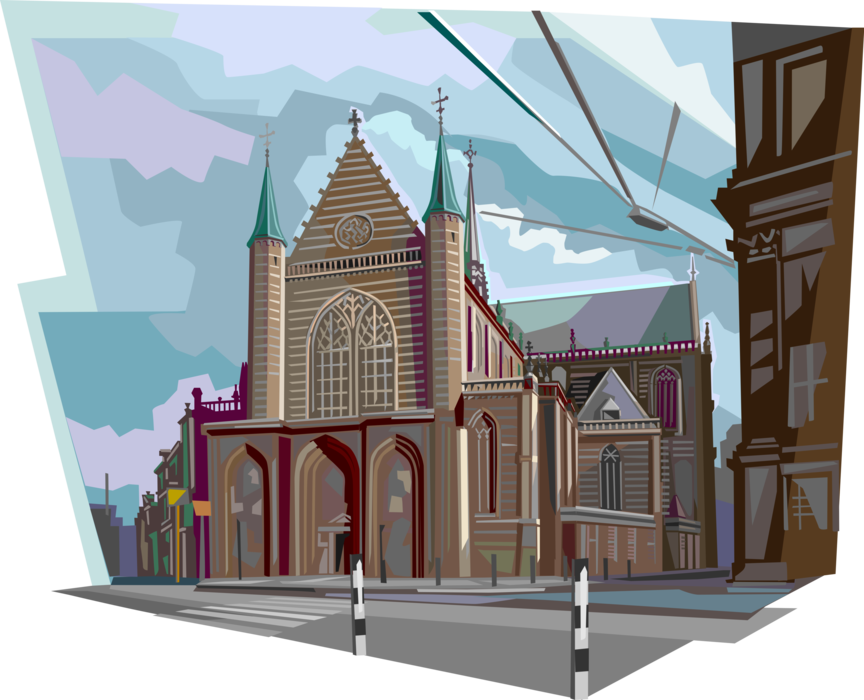 Vector Illustration of Nieuwe Kerk Cathedral Church, Holland, The Netherlands