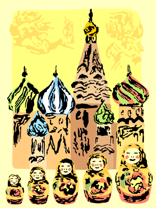 Vector Illustration of St Basil's Christian Church Cathedral and Matrioshka Nesting Dolls