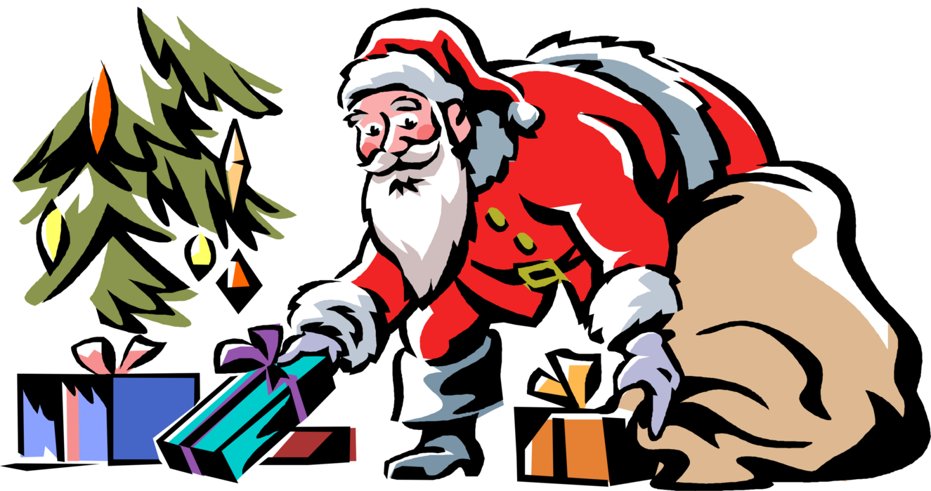 Vector Illustration of Santa Claus Puts Christmas Presents Under the Tree