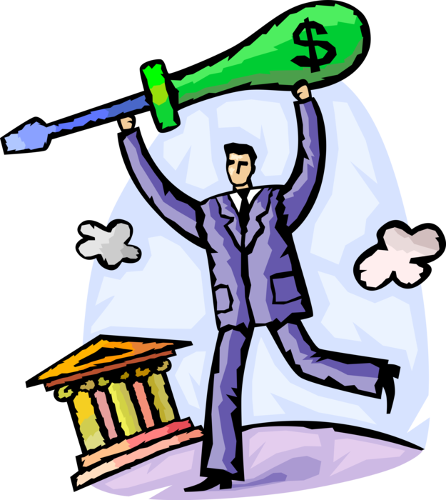 Vector Illustration of Financier Businessman Holds Money Screwdriver with Financial Bank Symbol