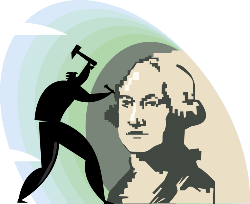 Vector Illustration of Businessman Sculpture with Hammer and Chisel Sculpting Bust of George Washington