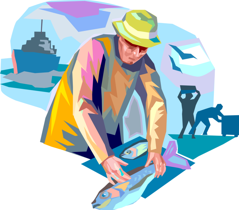 Vector Illustration of Commercial Fishing Industry Fisherman Angler Processes Fish Catch